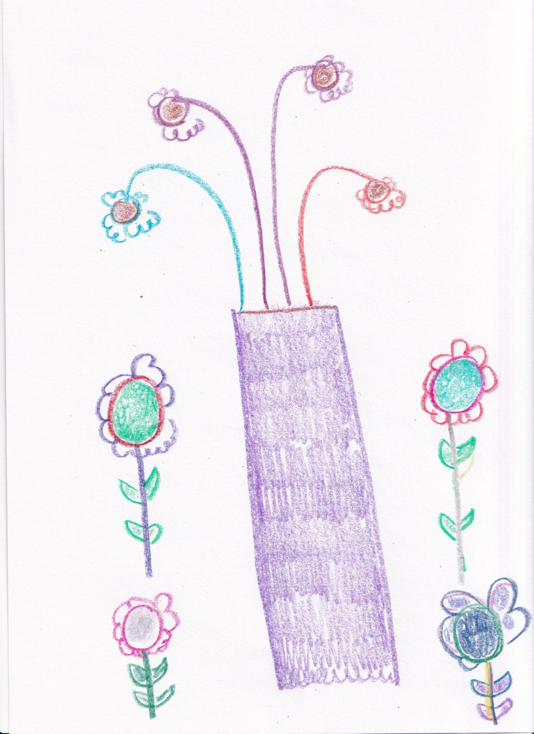 Hand-Drawn Crayon Flowers in a Vase Art Print